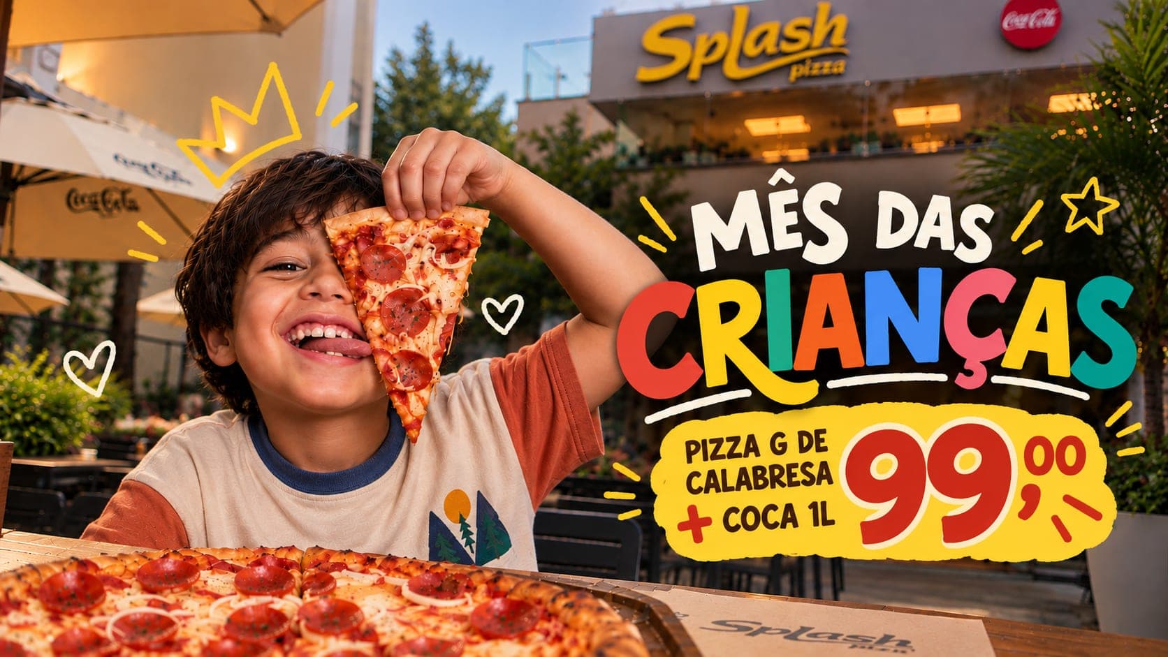 Mês das Crianças: pizza G de calabresa mais Coca-Cola 1 litro por R$ 99,00